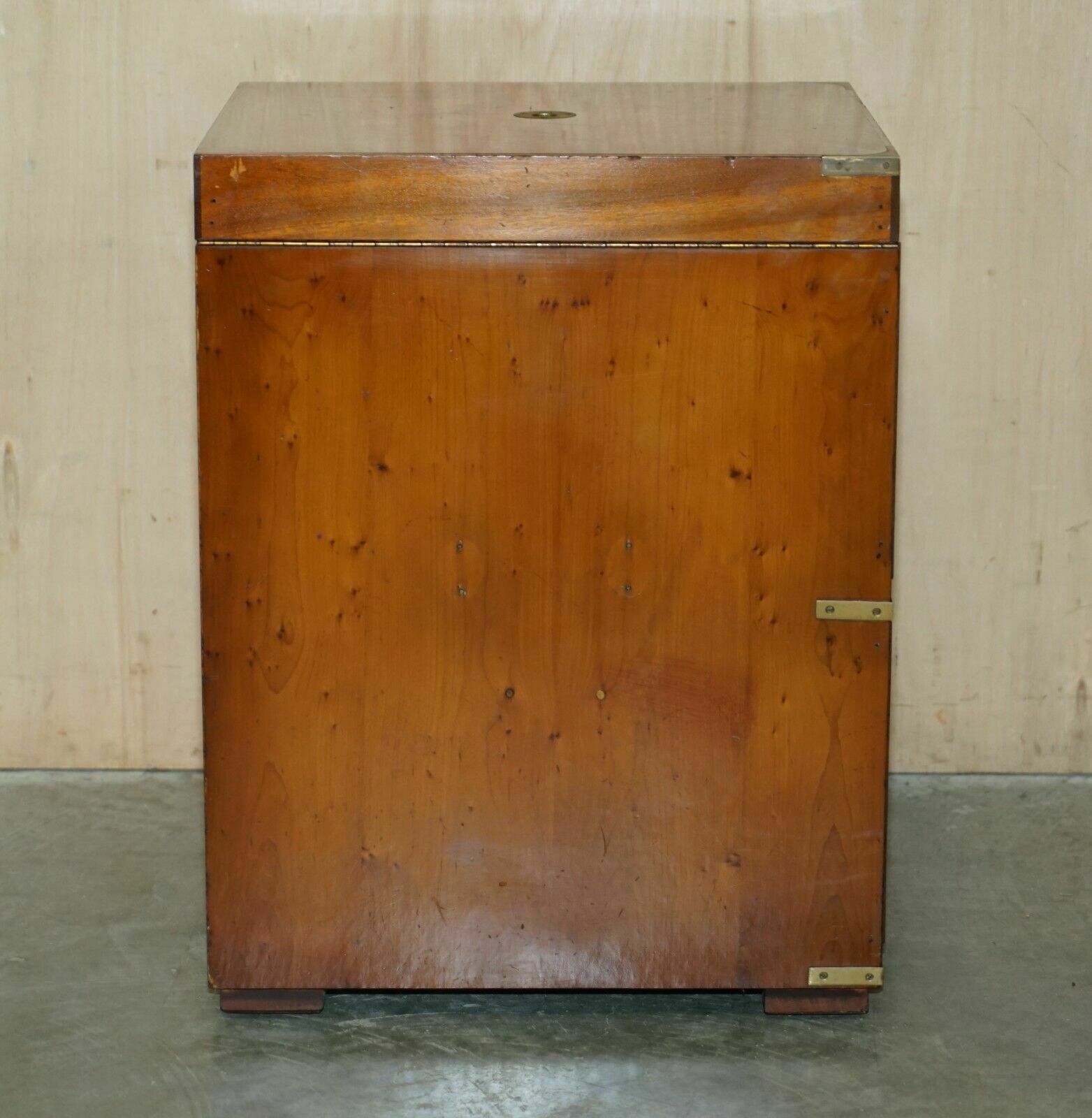 Burr Yew & Elm Wood Military Campaign Drinks Cabinet Hidden Inside A Side Table photo vintage