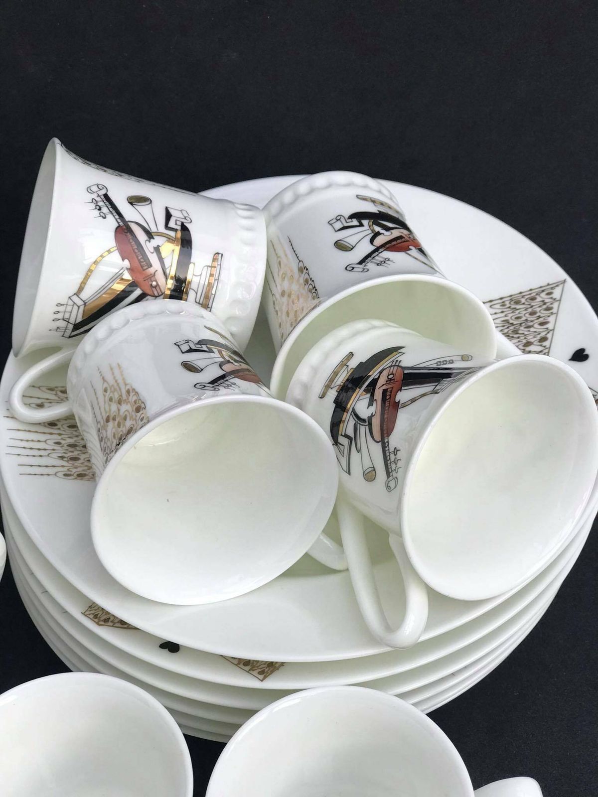 Imperial Porcelain Lomonosov Russian Coffee Set Collection Gift Collector Cups Creamer Sugar Bowl Wedding Gift Swan Musical Instruments photo vinterior