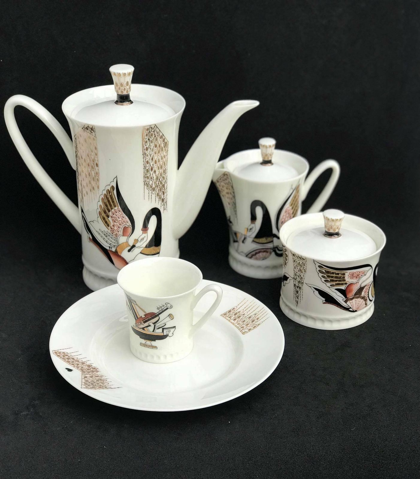photo for sale Imperial Porcelain Lomonosov Russian Coffee Set Collection Gift Collector Cups Creamer Sugar Bowl Wedding Gift Swan Musical Instruments