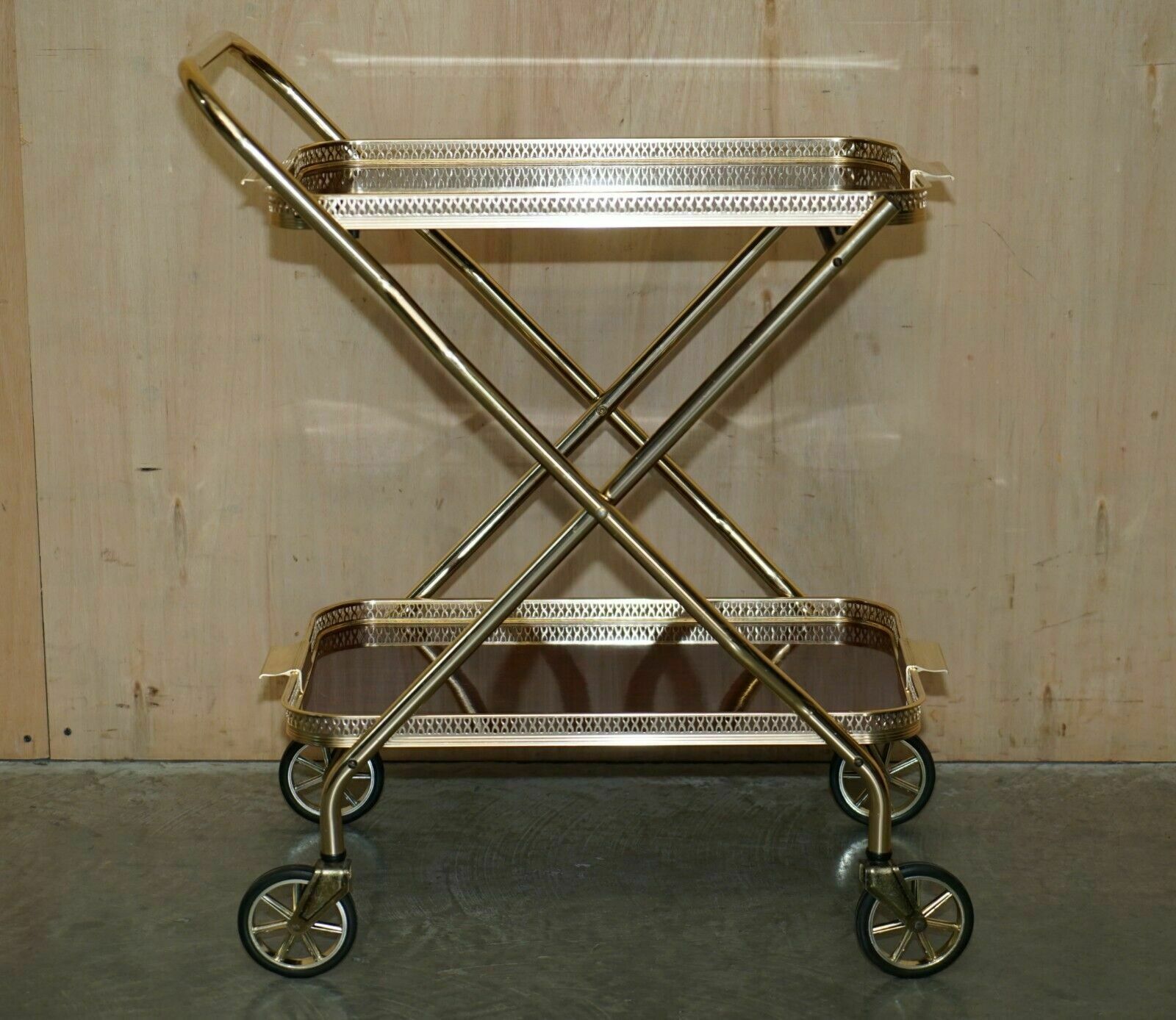 Mid Century Folding Rosewood Brass 1950's Drinks Trolley With Removable Trays photo for sale