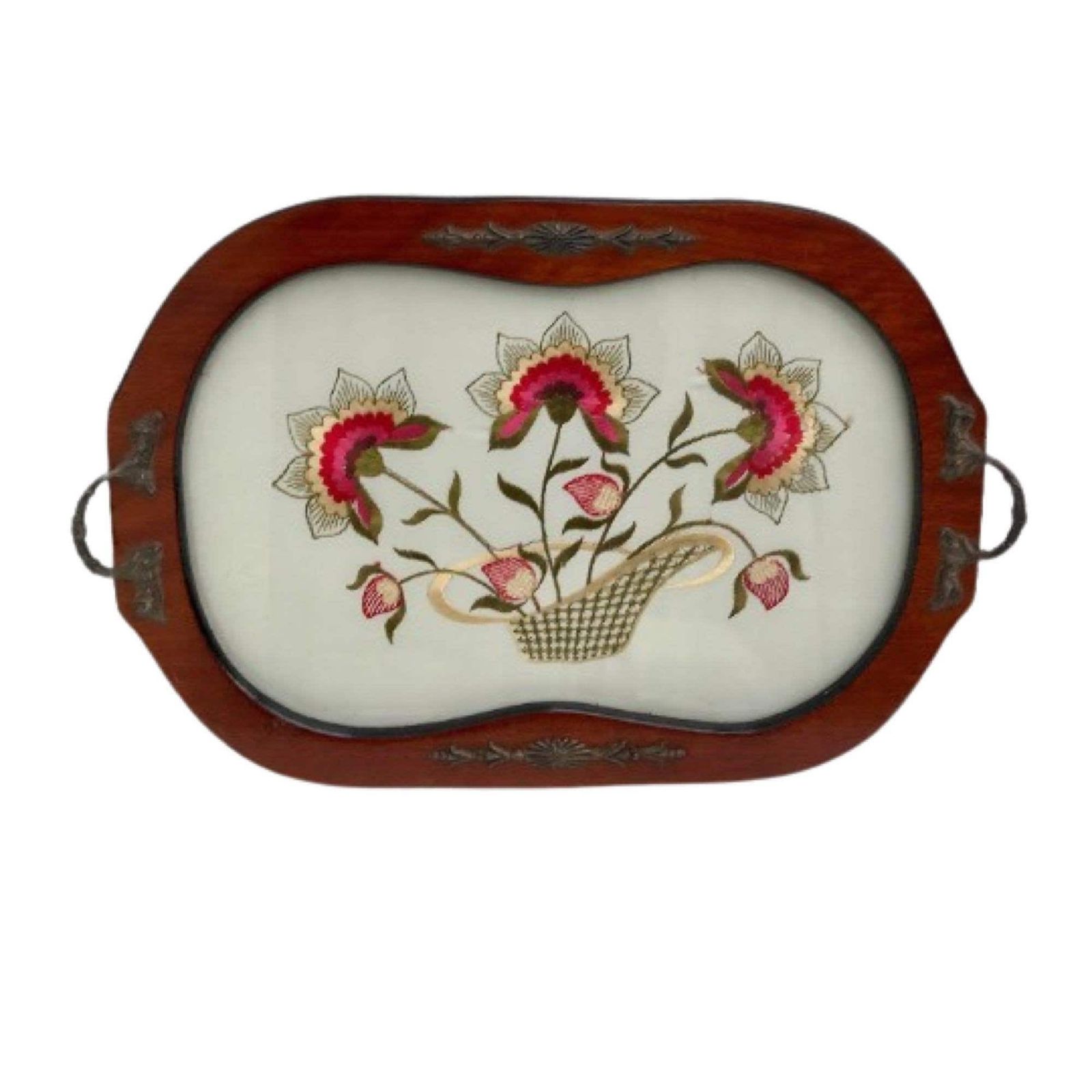 Antiek Dienblad Van Hout En Glas Met Geborduurd Interieur – Rechthoekig – Art Deco Bloemmotief – Twee Handgrepen – Cadeau
