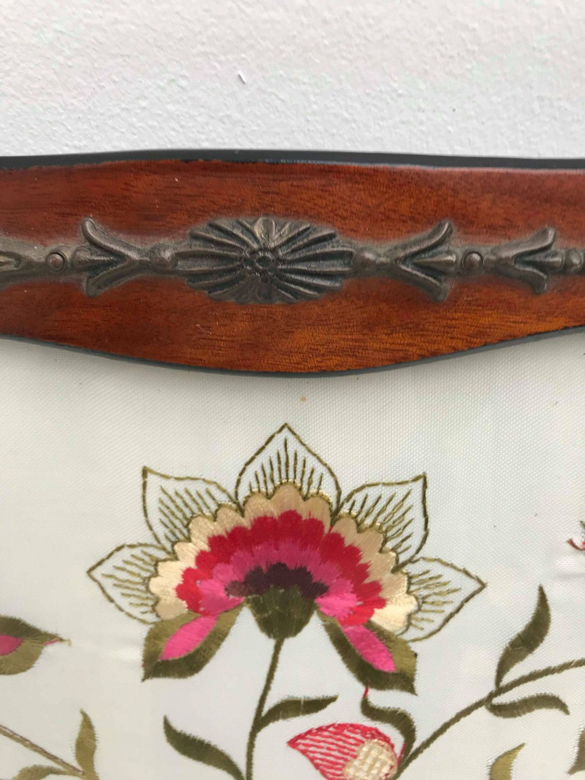 Antiek Dienblad Van Hout En Glas Met Geborduurd Interieur – Rechthoekig – Art Deco Bloemmotief – Twee Handgrepen – Cadeau photo vinterior
