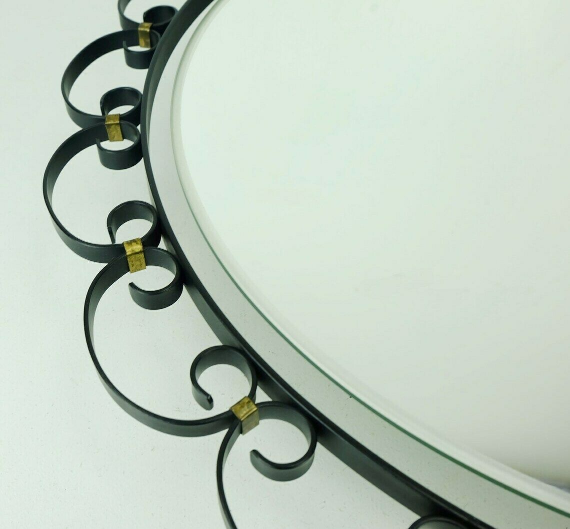 Round Mid Century Modern Illuminated Wall Mirror With Iron And Brass Frame Hillebrand 1960s photo for sale