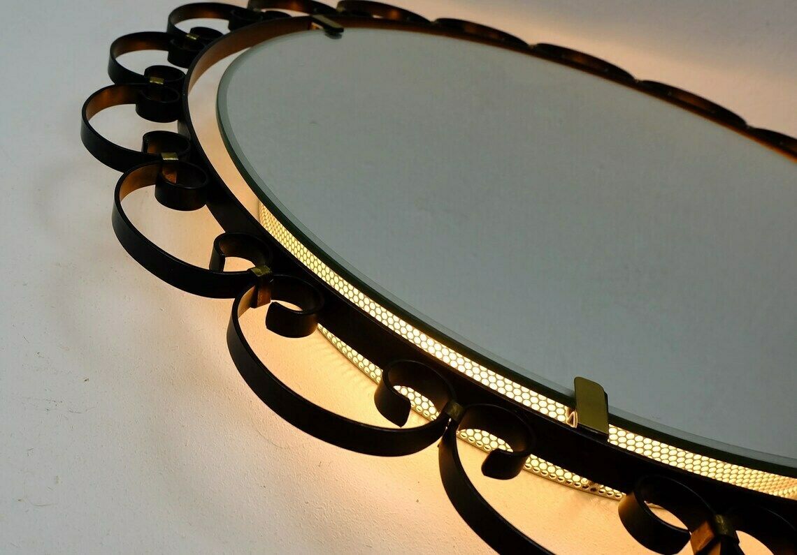 Round Mid Century Modern Illuminated Wall Mirror With Iron And Brass Frame Hillebrand 1960s photo buy