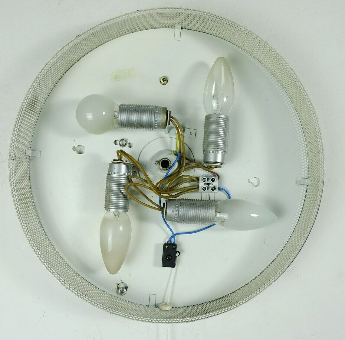 photo for sale Round Mid Century Modern Illuminated Wall Mirror With Iron And Brass Frame Hillebrand 1960s