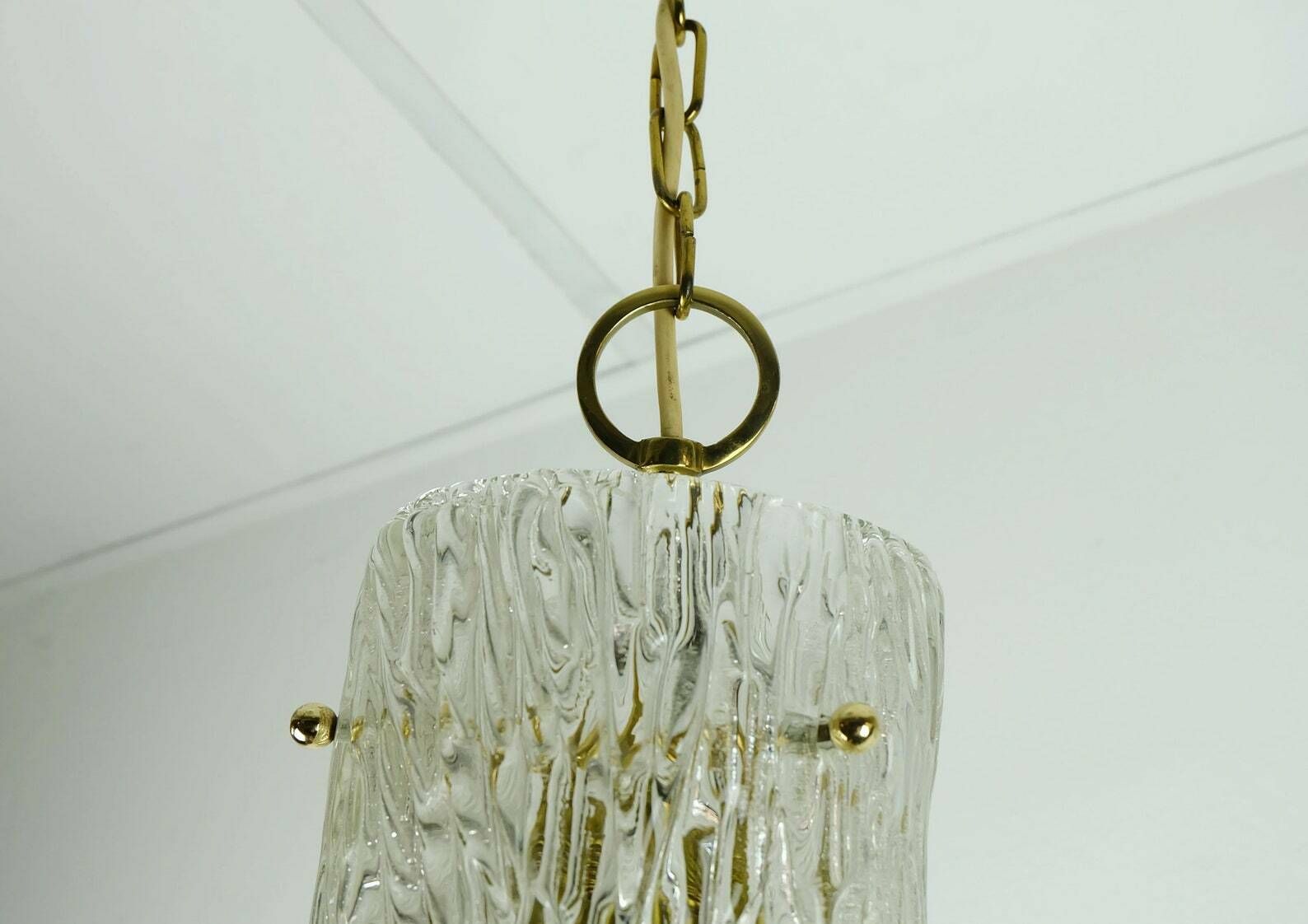 Elegant Mid Century 1950s Pendant Lamp Kalmar Franken Ice Glass Textured Glass Brass photo for sale