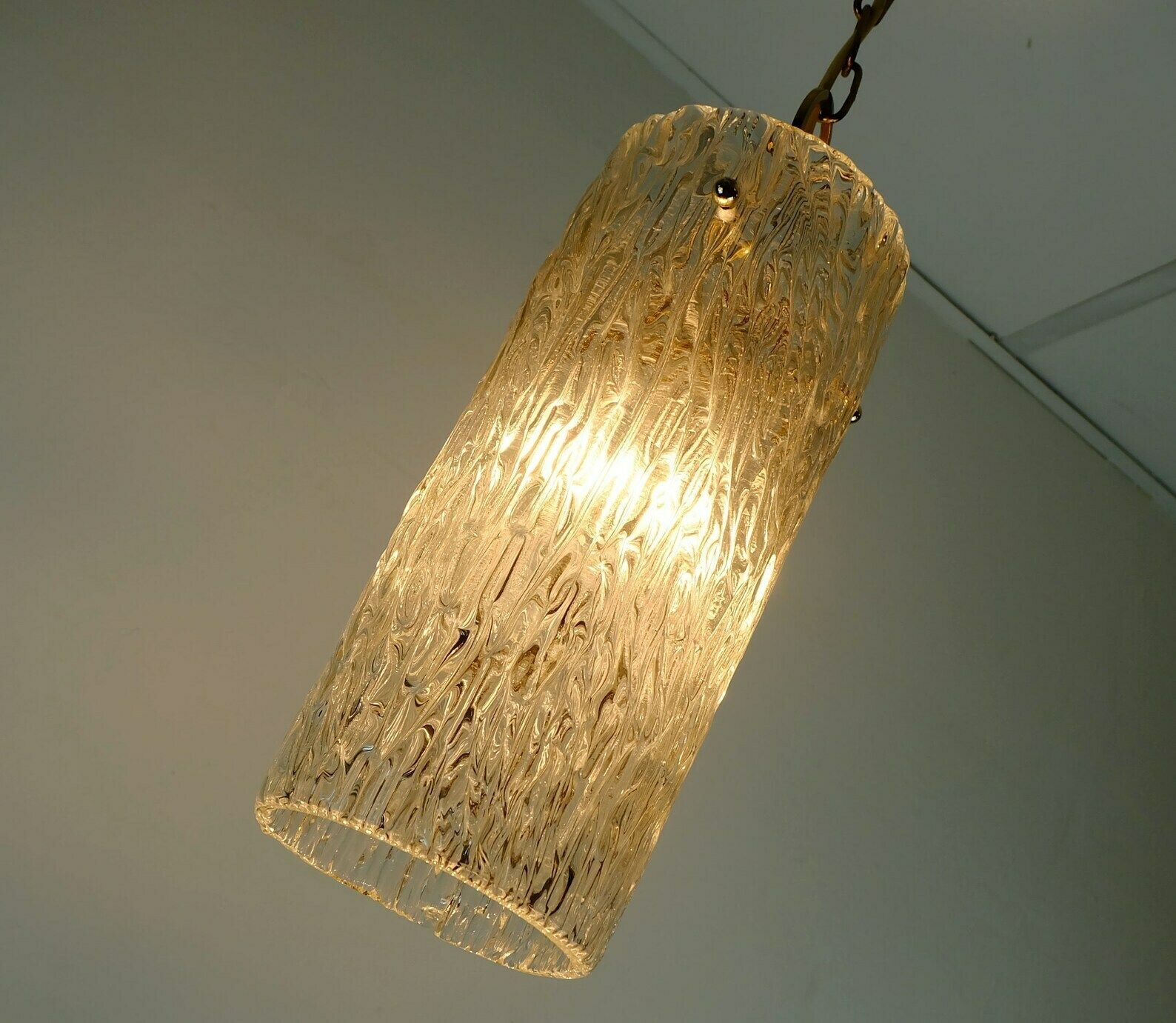 Elegant Mid Century 1950s Pendant Lamp Kalmar Franken Ice Glass Textured Glass Brass photo Lighting