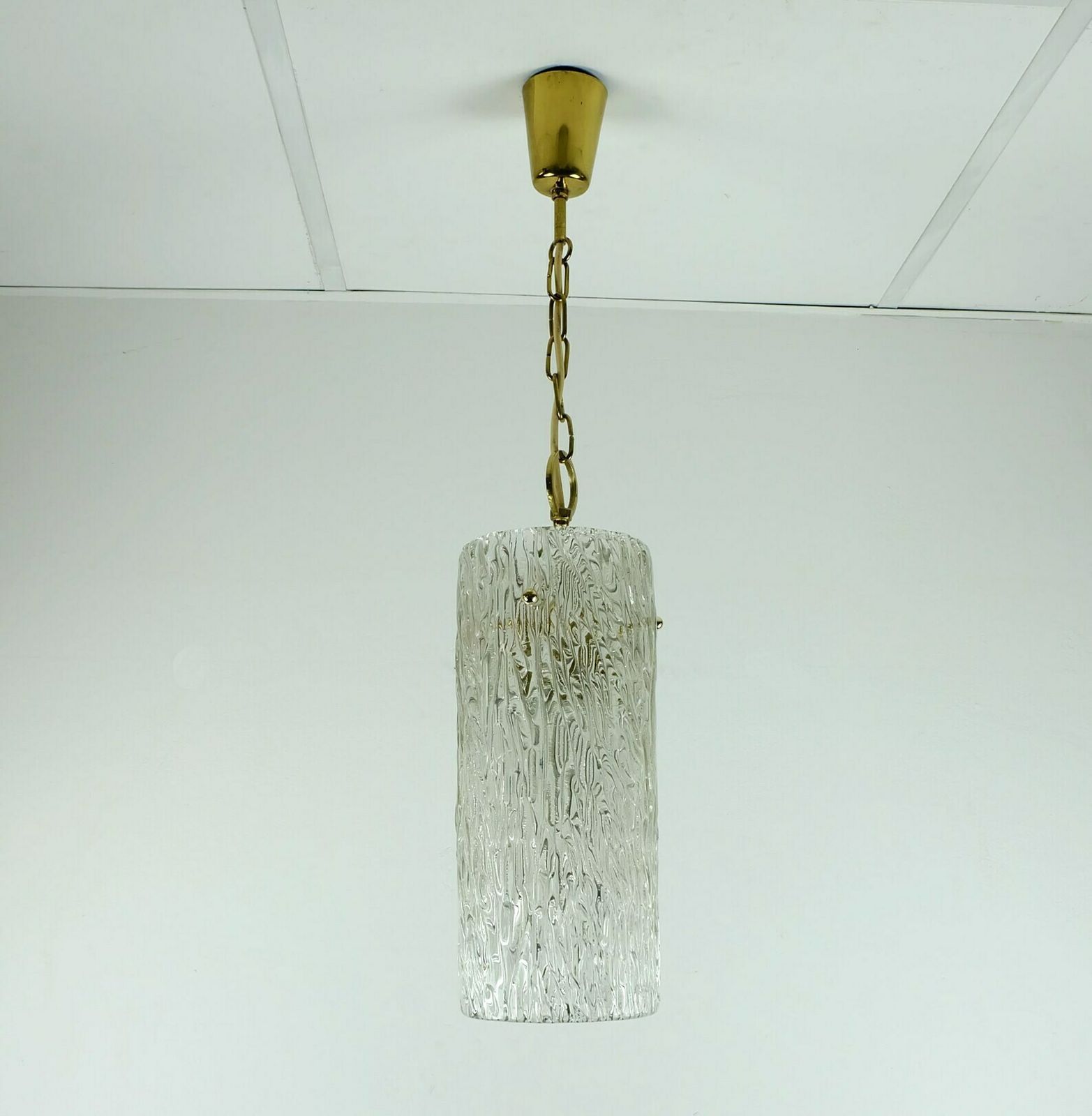 Elegant Mid Century 1950s Pendant Lamp Kalmar Franken Ice Glass Textured Glass Brass photo 535.516