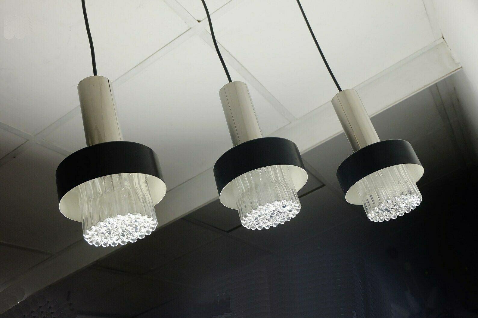 Mid Century Modern 3 Light Pendant Lamp Glass And Chrome And Black Metal 1960s