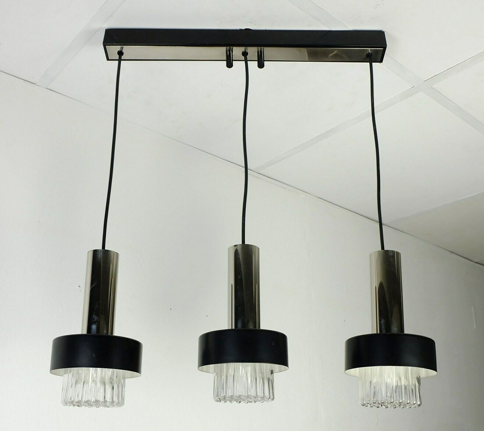 Mid Century Modern 3 Light Pendant Lamp Glass And Chrome And Black Metal 1960s photo furniture