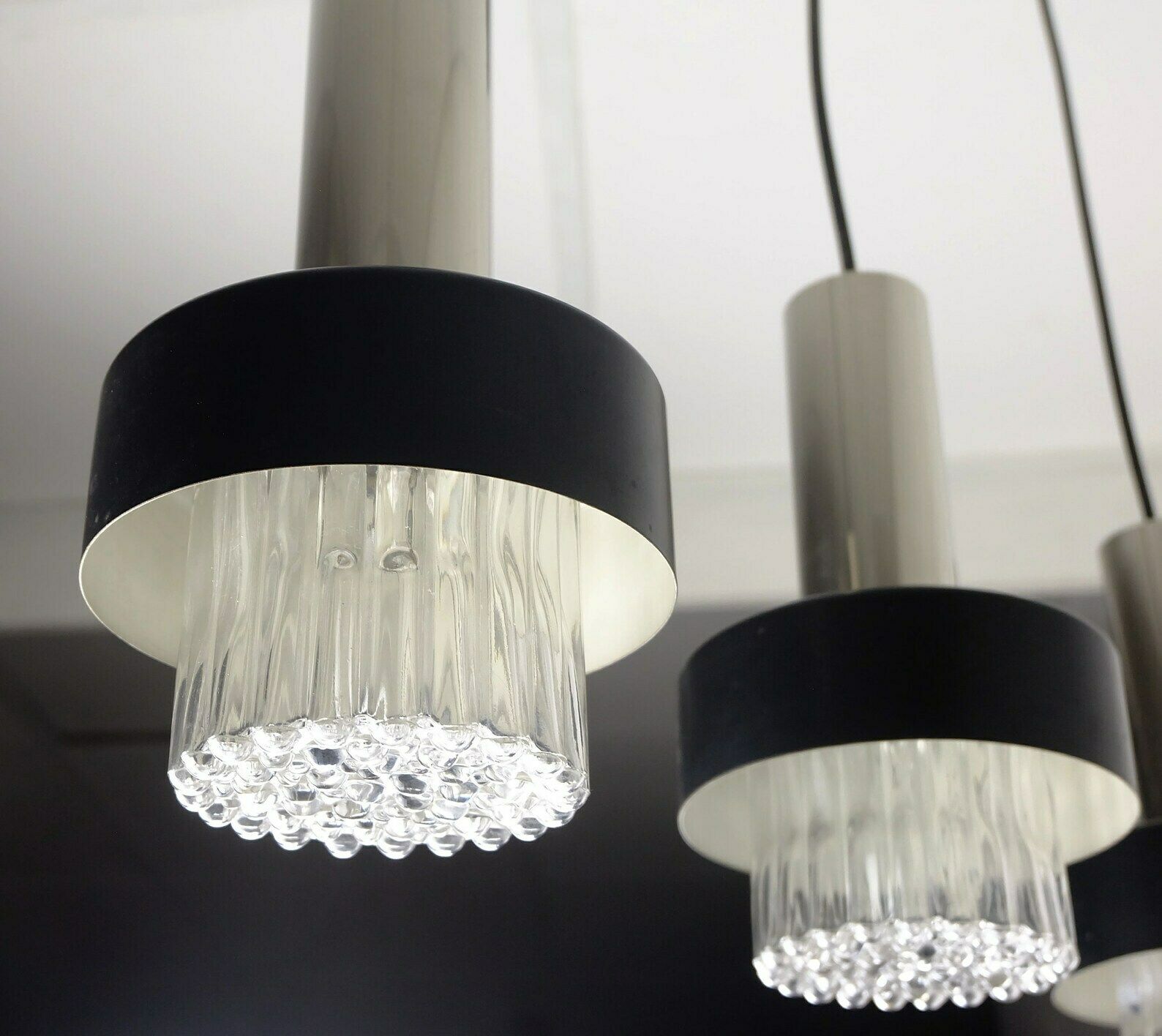 photo furniture Mid Century Modern 3 Light Pendant Lamp Glass And Chrome And Black Metal 1960s