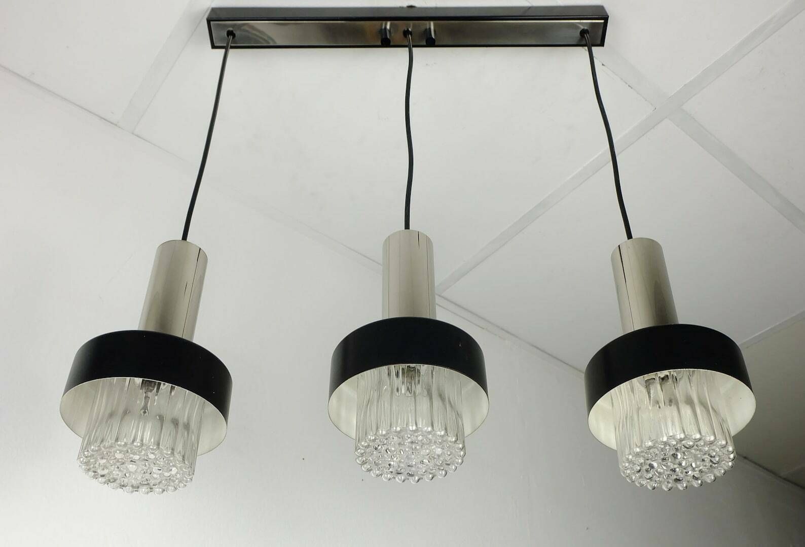 photo for sale Mid Century Modern 3 Light Pendant Lamp Glass And Chrome And Black Metal 1960s