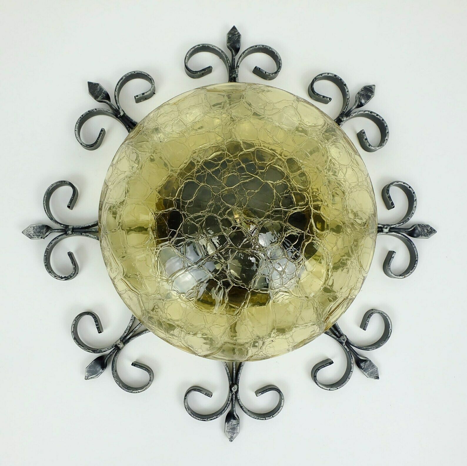 Outstanding 1970's Modernist Brutalist Wall Lamp Sconce Wrought Iron And Amber Glass photo buy