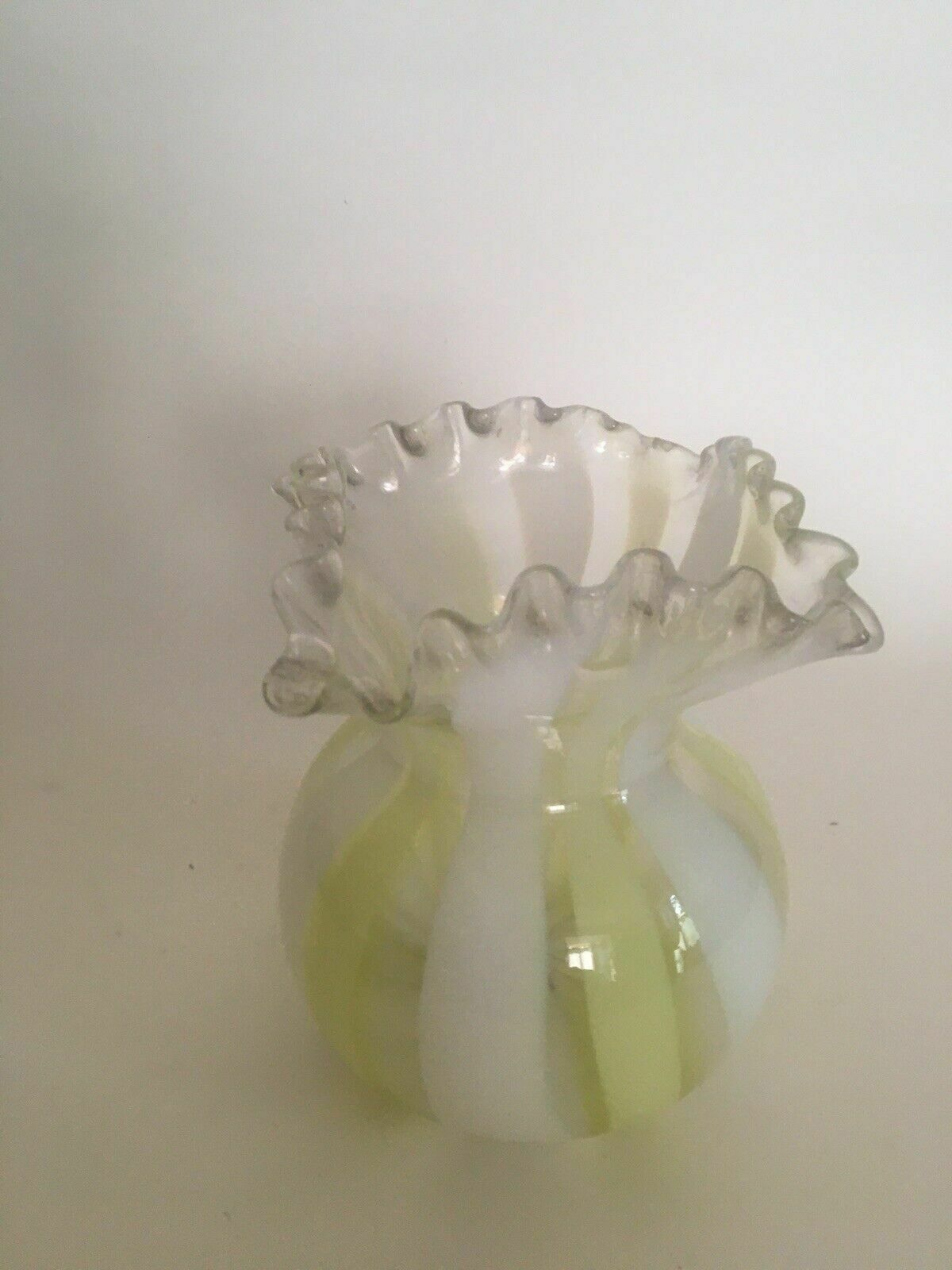 Victorian Vaseline Glass Vase Frill Rim Candy Stripe Antique Art Glass photo for sale
