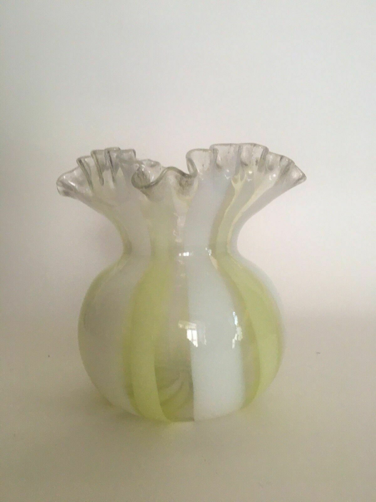 Victorian Vaseline Glass Vase Frill Rim Candy Stripe Antique Art Glass photo 85.0