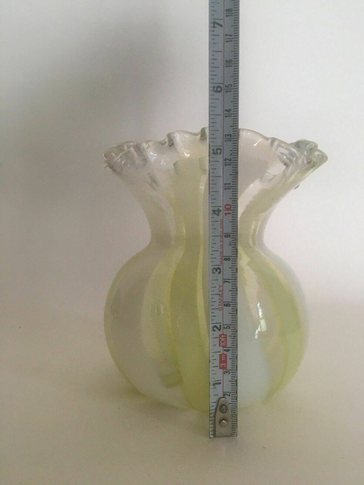photo furniture Victorian Vaseline Glass Vase Frill Rim Candy Stripe Antique Art Glass