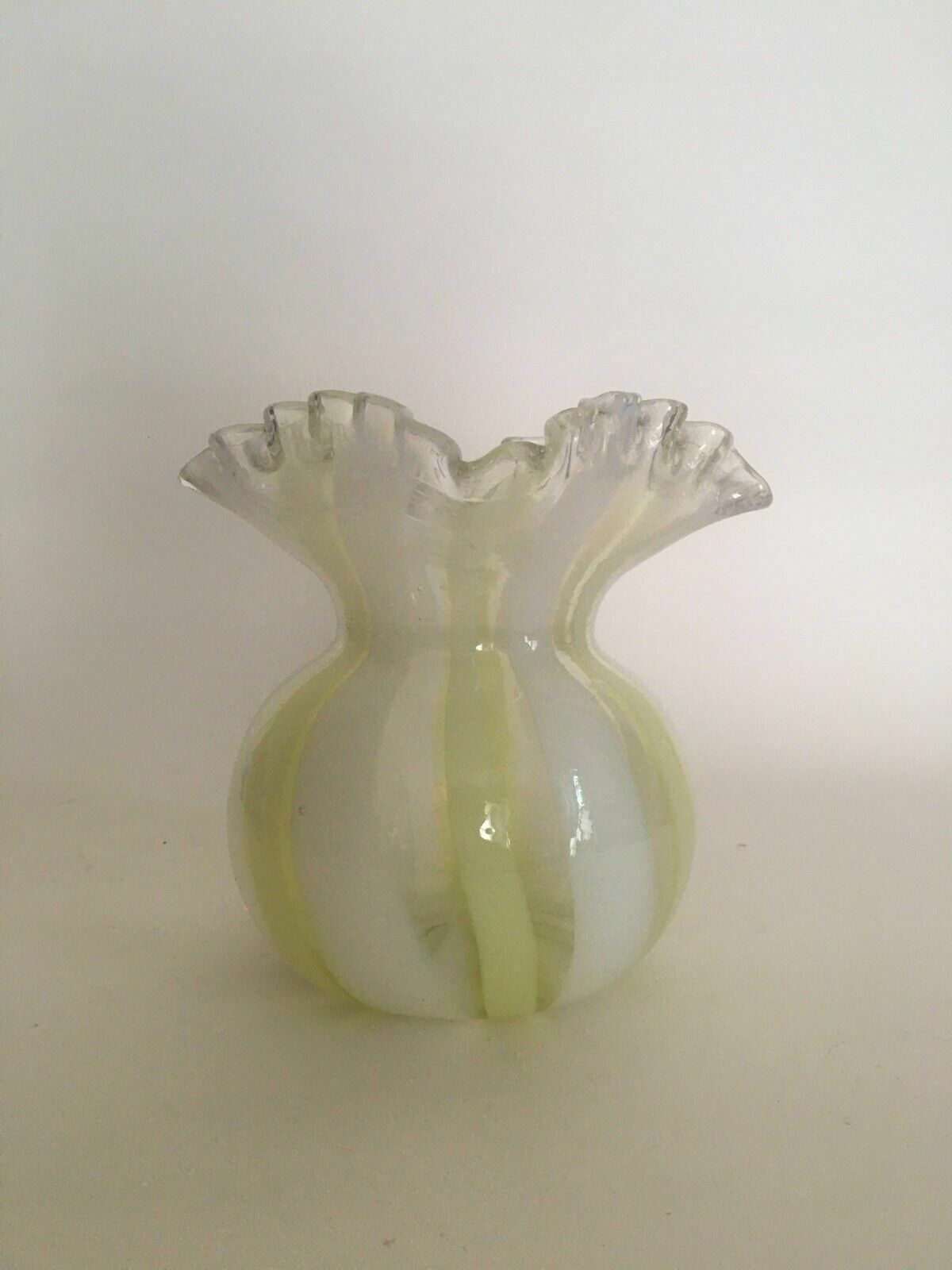Home Decor Victorian Vaseline Glass Vase Frill Rim Candy Stripe Antique Art Glass photo