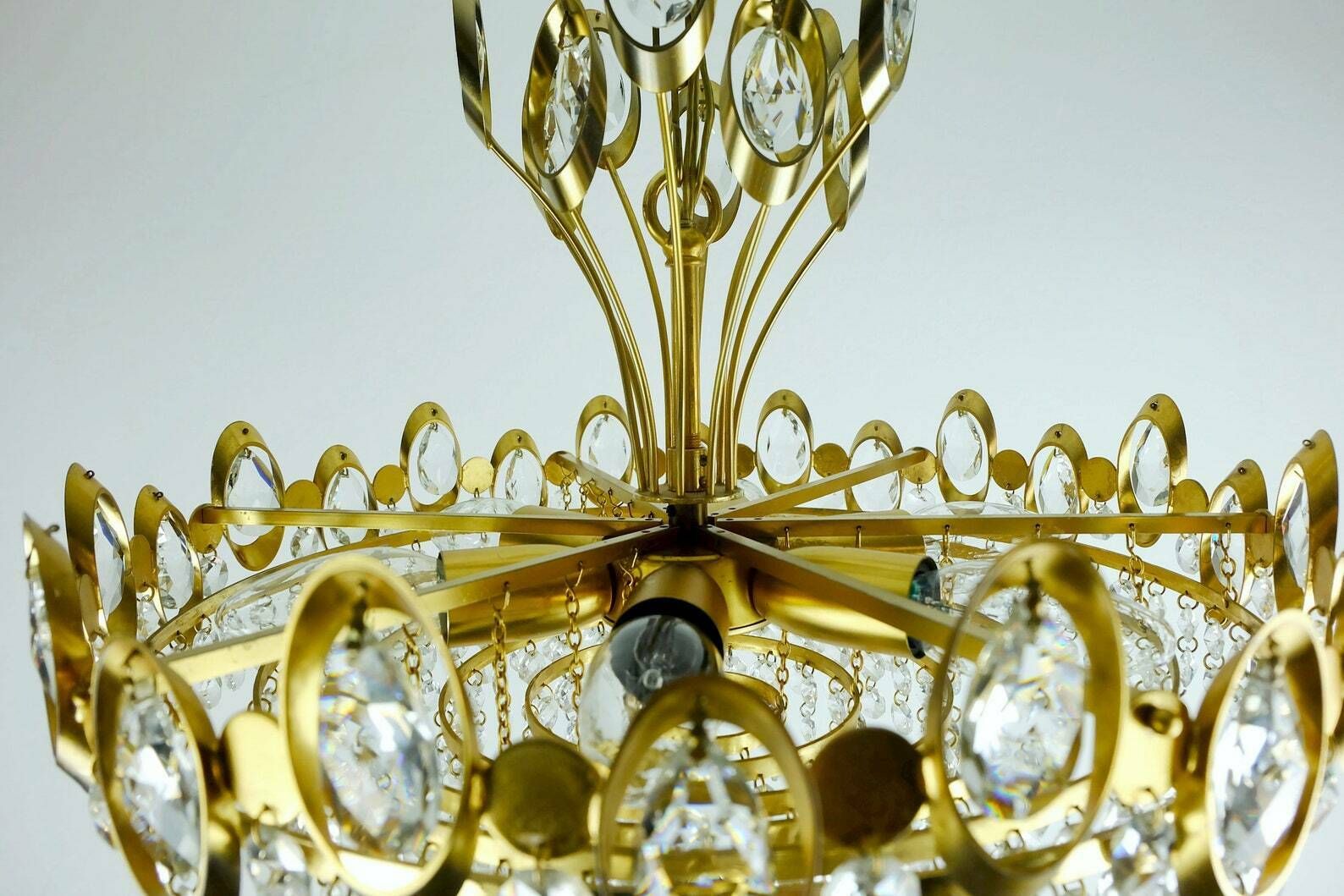 Elegant Mid Century Pendant Light Chandelier Palwa Crystal Glass And Gilt Brass photo furniture