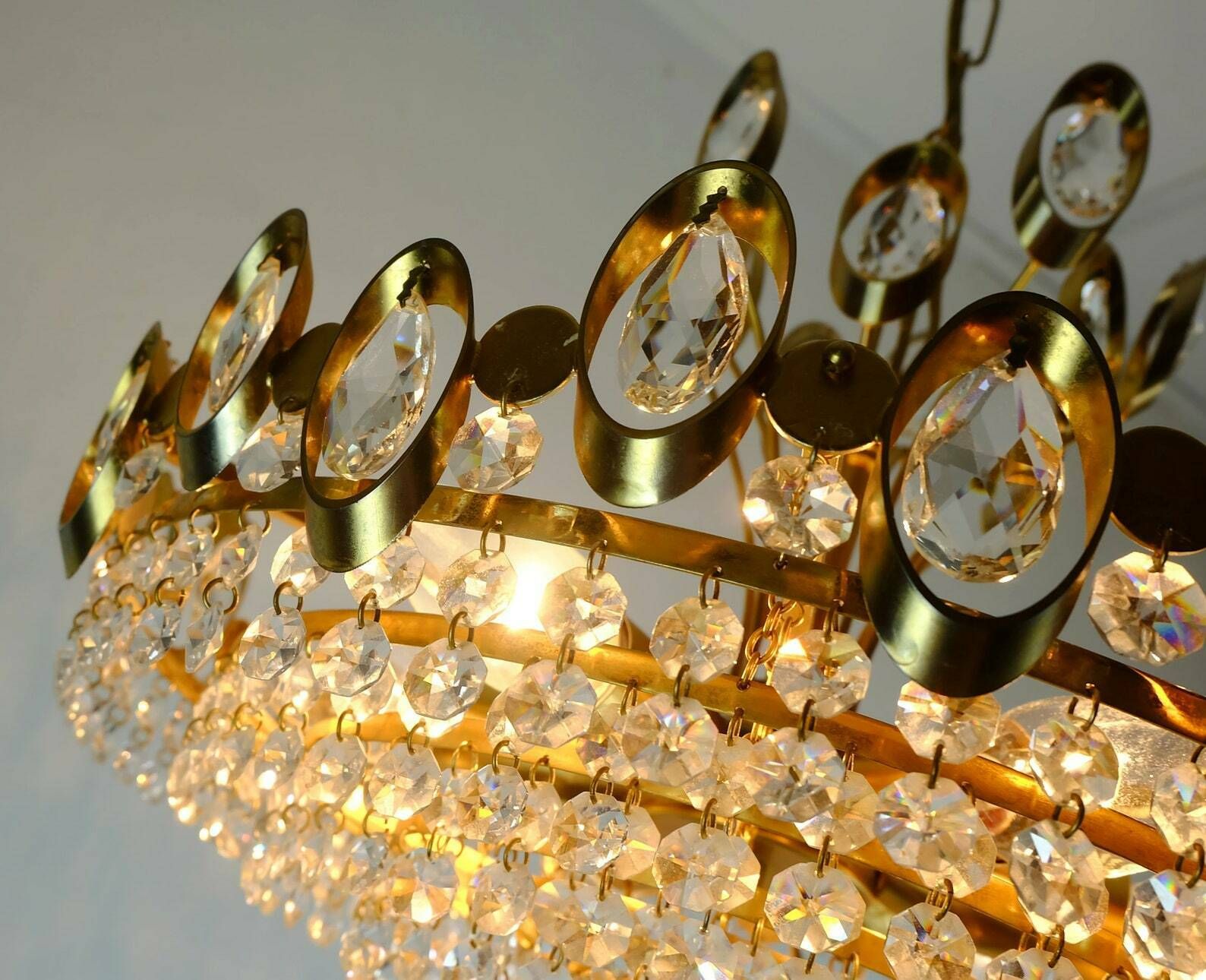 Elegant Mid Century Pendant Light Chandelier Palwa Crystal Glass And Gilt Brass photo for sale