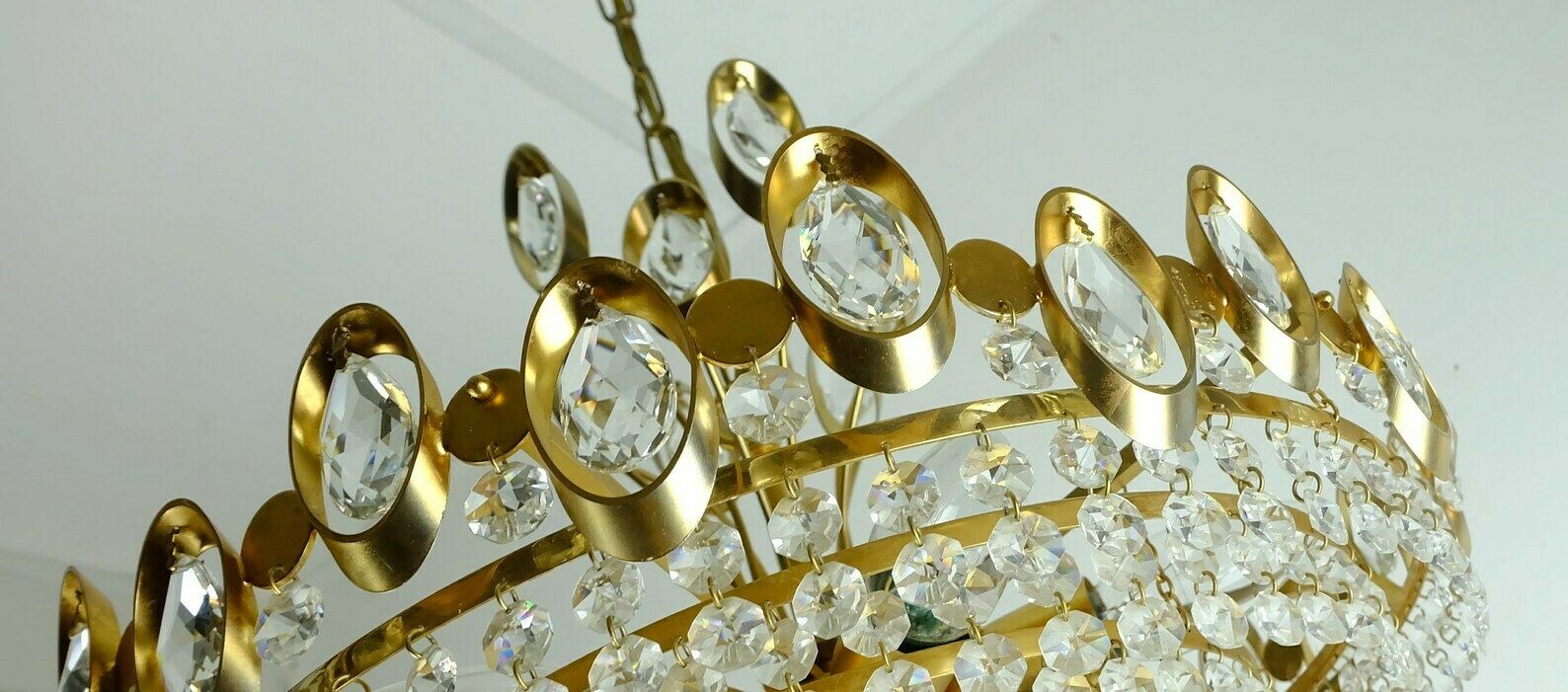 photo for sale Elegant Mid Century Pendant Light Chandelier Palwa Crystal Glass And Gilt Brass