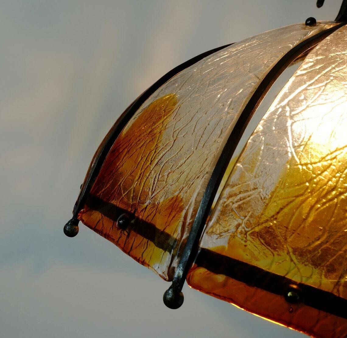 Brutalist Mid Century Pendant Lamp Wrought Iron And Wonderful Murano Glass 60s 70s photo 612.1335