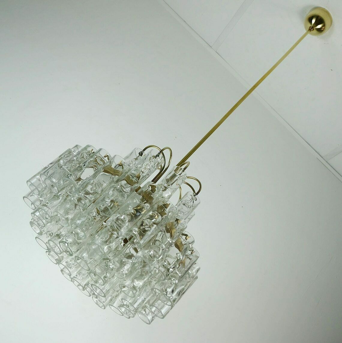 4 Tier Doria Mid Century Chandelier With 62 Glass Tubes Ice Glass Structured Glass 60s Hanging Lamp photo vintage