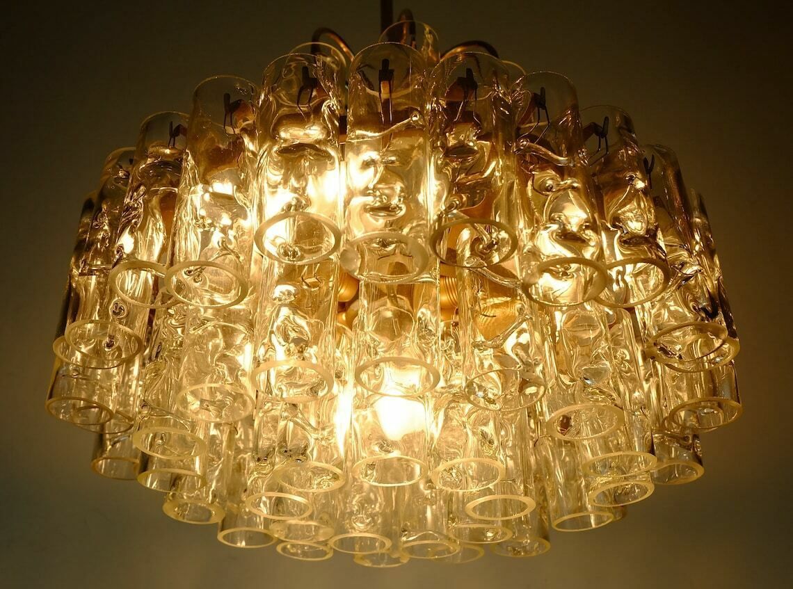 photo furniture 4 Tier Doria Mid Century Chandelier With 62 Glass Tubes Ice Glass Structured Glass 60s Hanging Lamp