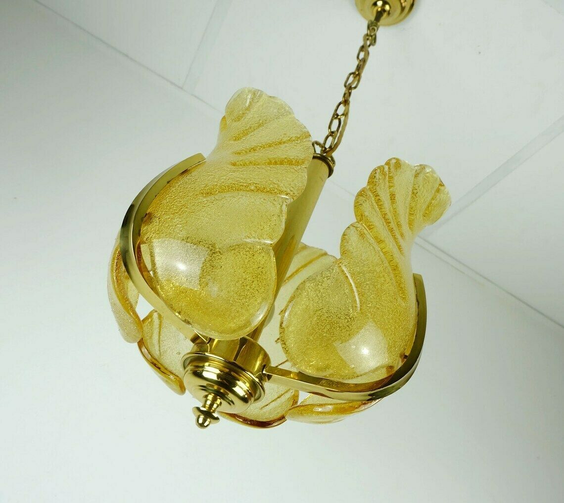 Mid Century Pendant Lamp Brass Amber Glass 1960s Small Chandelier