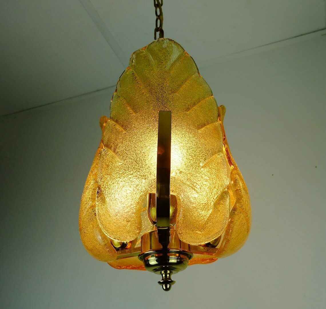Mid Century Pendant Lamp Brass Amber Glass 1960s Small Chandelier photo vintage