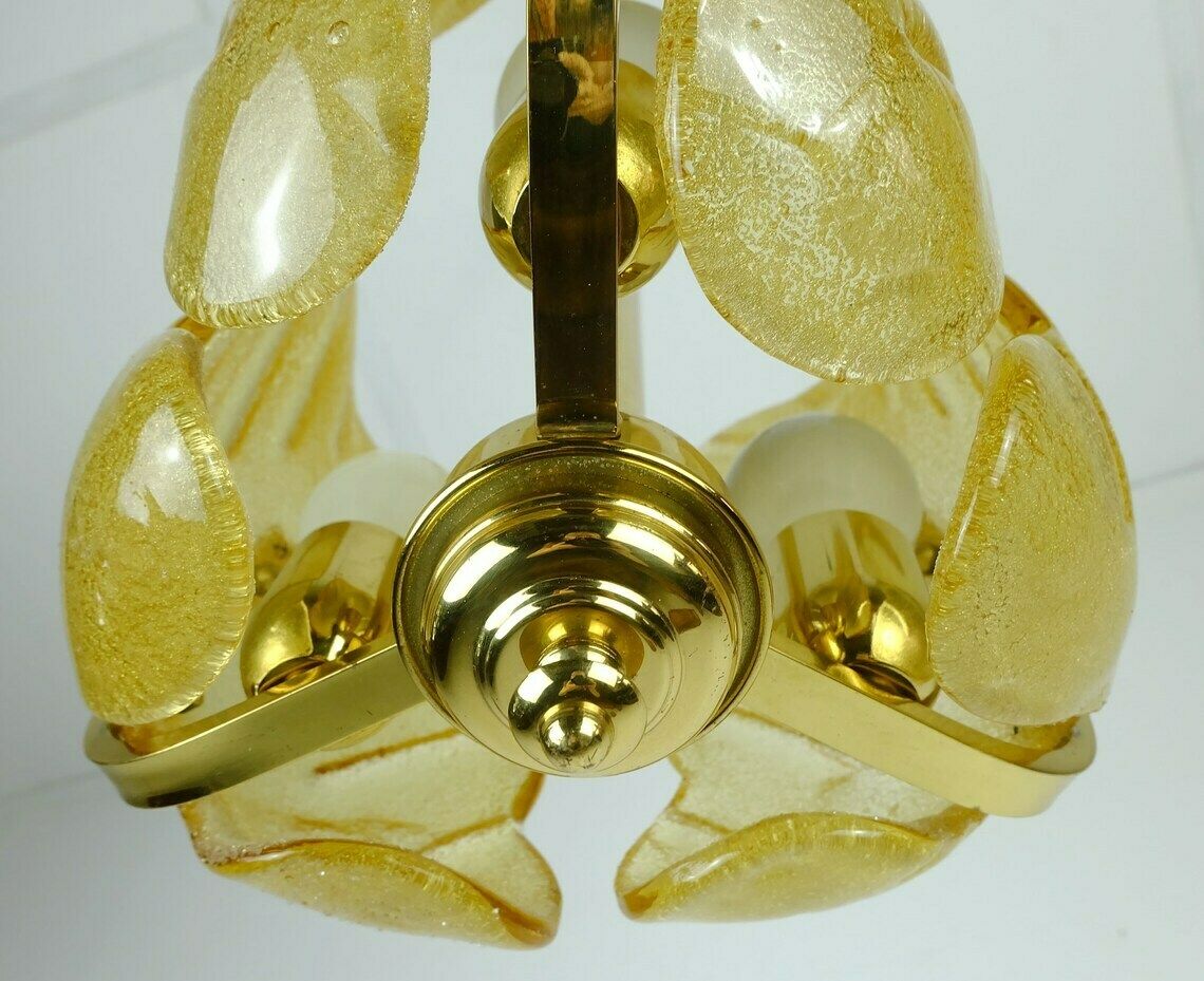 photo for sale Mid Century Pendant Lamp Brass Amber Glass 1960s Small Chandelier