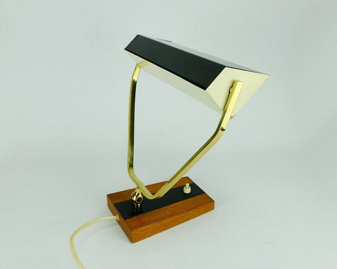 Rare Kaiser Mid Century Desk Lamp Table Lamp Metal Brass Teakwood 1960s photo furniture
