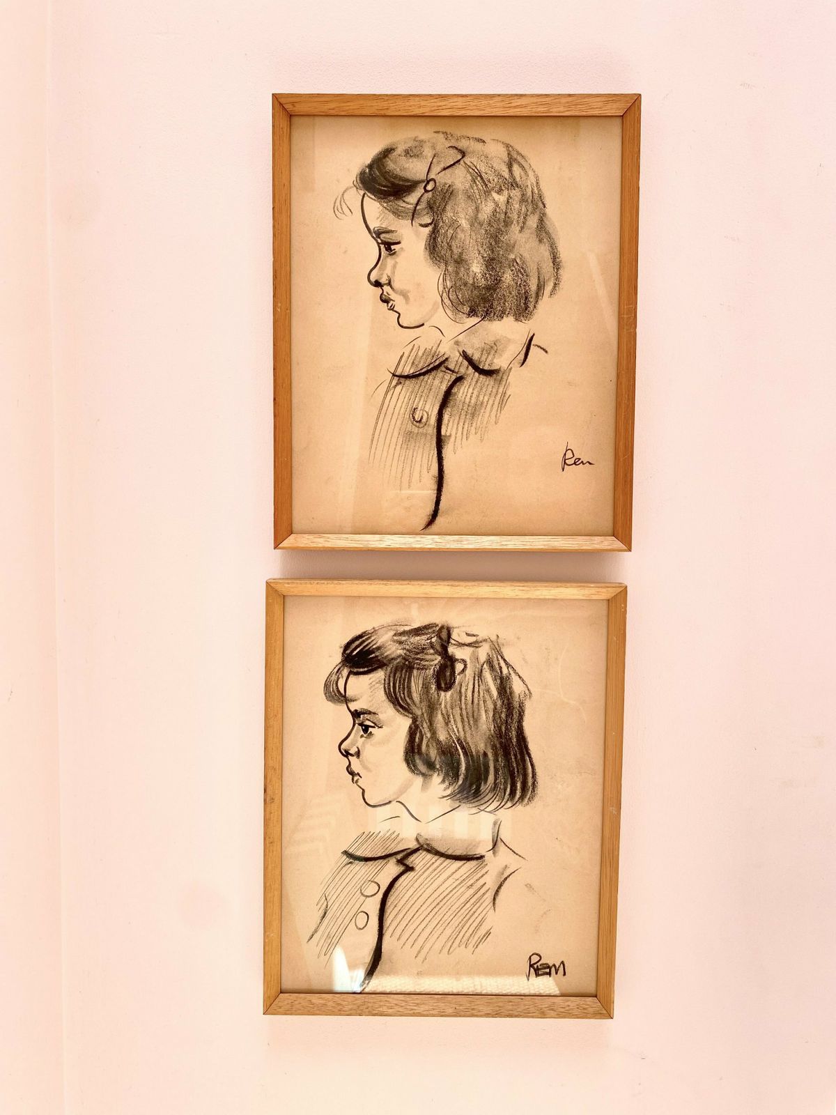 Mid Century Framed Hand Illustrations Of Two Children