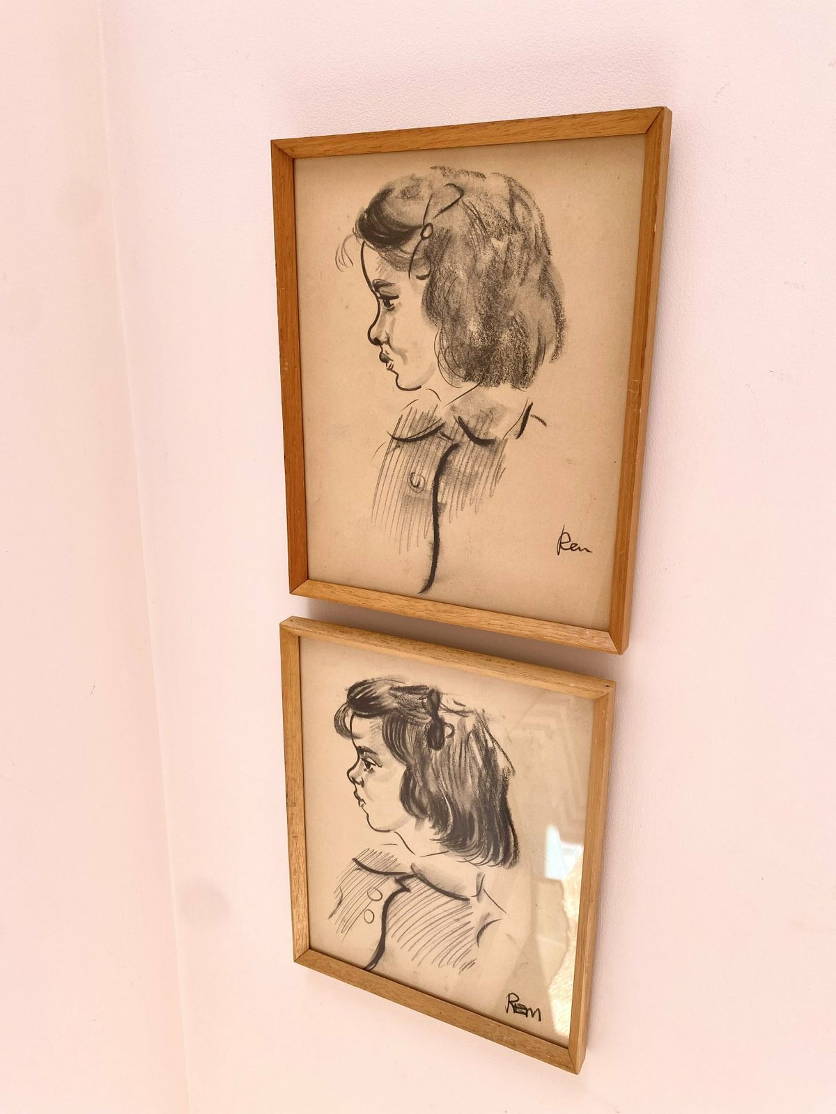 Mid Century Framed Hand Illustrations Of Two Children photo furniture