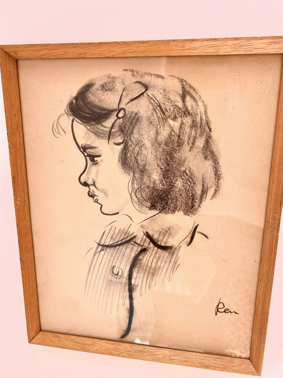 Mid Century Framed Hand Illustrations Of Two Children photo Art