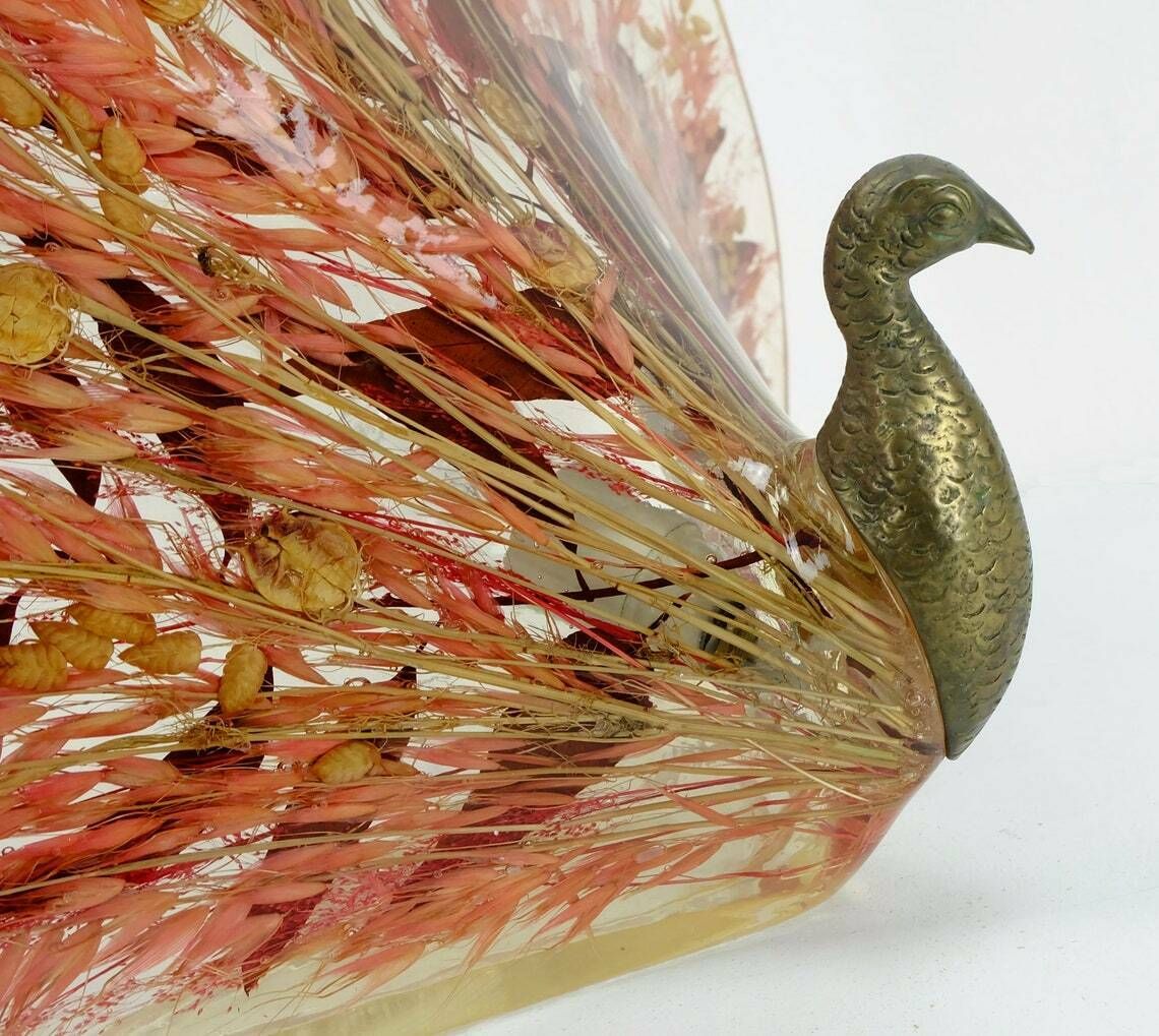 Rare And Outstanding Vintage Table Lamp Peacock Shape Brass Resin With Leaves And Grasses 1970s photo furniture