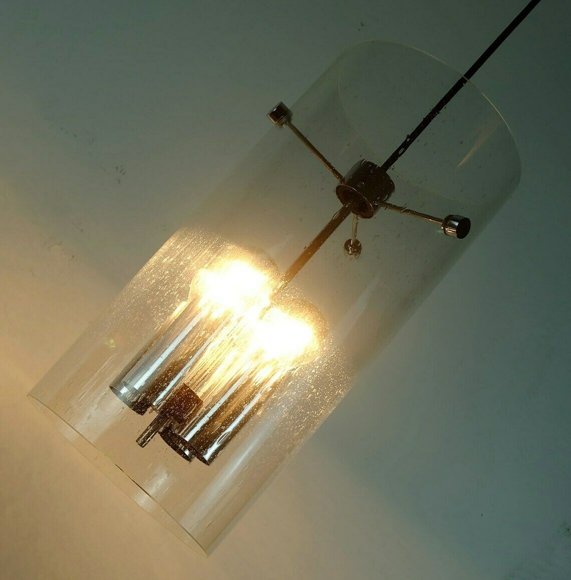 Huge Glashuette Limburg Pendant Light Cylindrical Bubble Glass Shade And Chrome 1970s Model 4399 photo vinterior