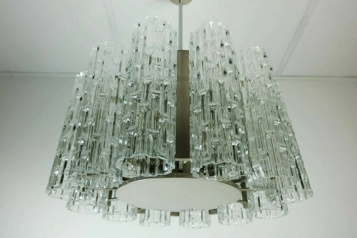 Outstanding 1960s Kaiser Mid Century Chandelier Chrome Hanging Light With 12 Glass Tubes photo 771.8205
