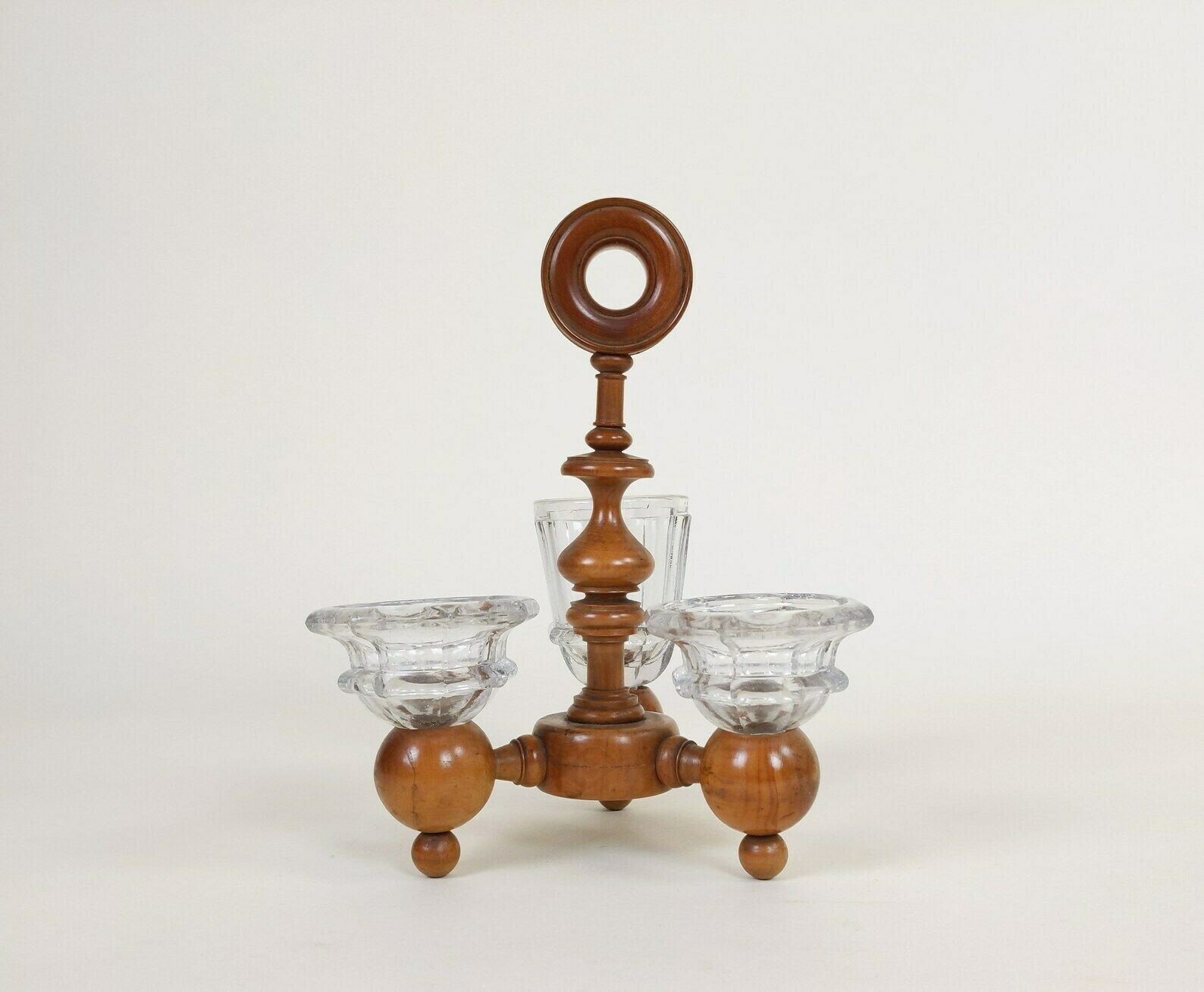 Antique French Cruet Set Made From Turned Boxwood Wood And Pressed Glass