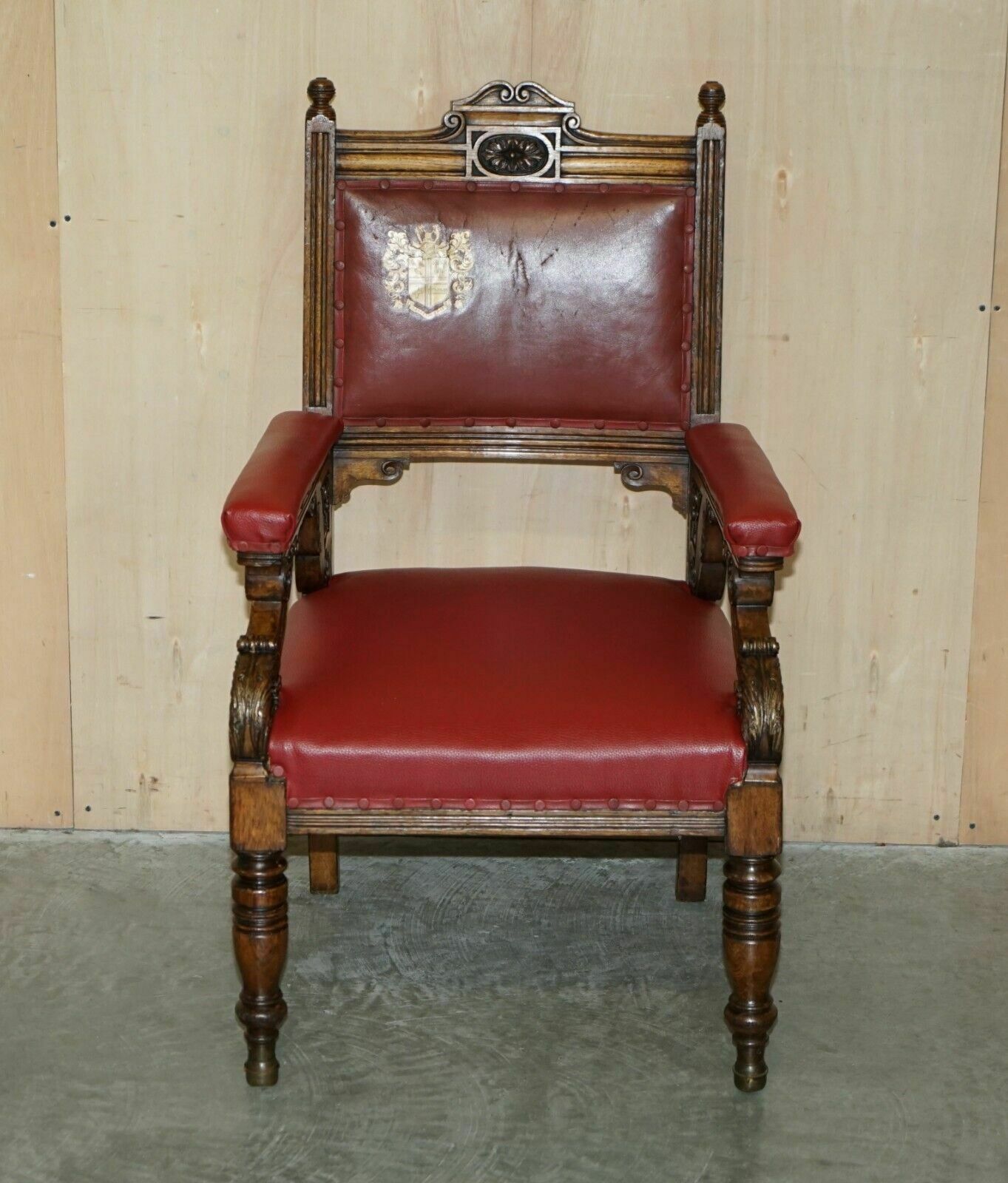 Heavily Carved English Antique Victorian Armchair + Coat Of Arms Armorial Crest photo furniture