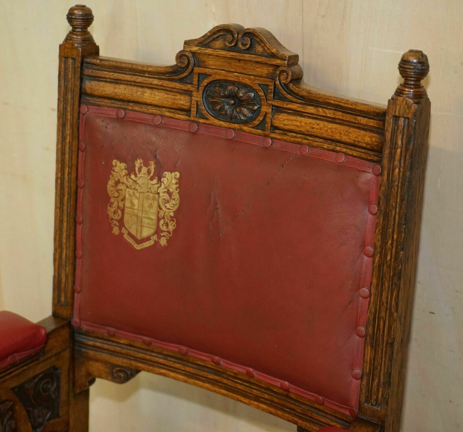 Heavily Carved English Antique Victorian Armchair + Coat Of Arms Armorial Crest photo Furniture