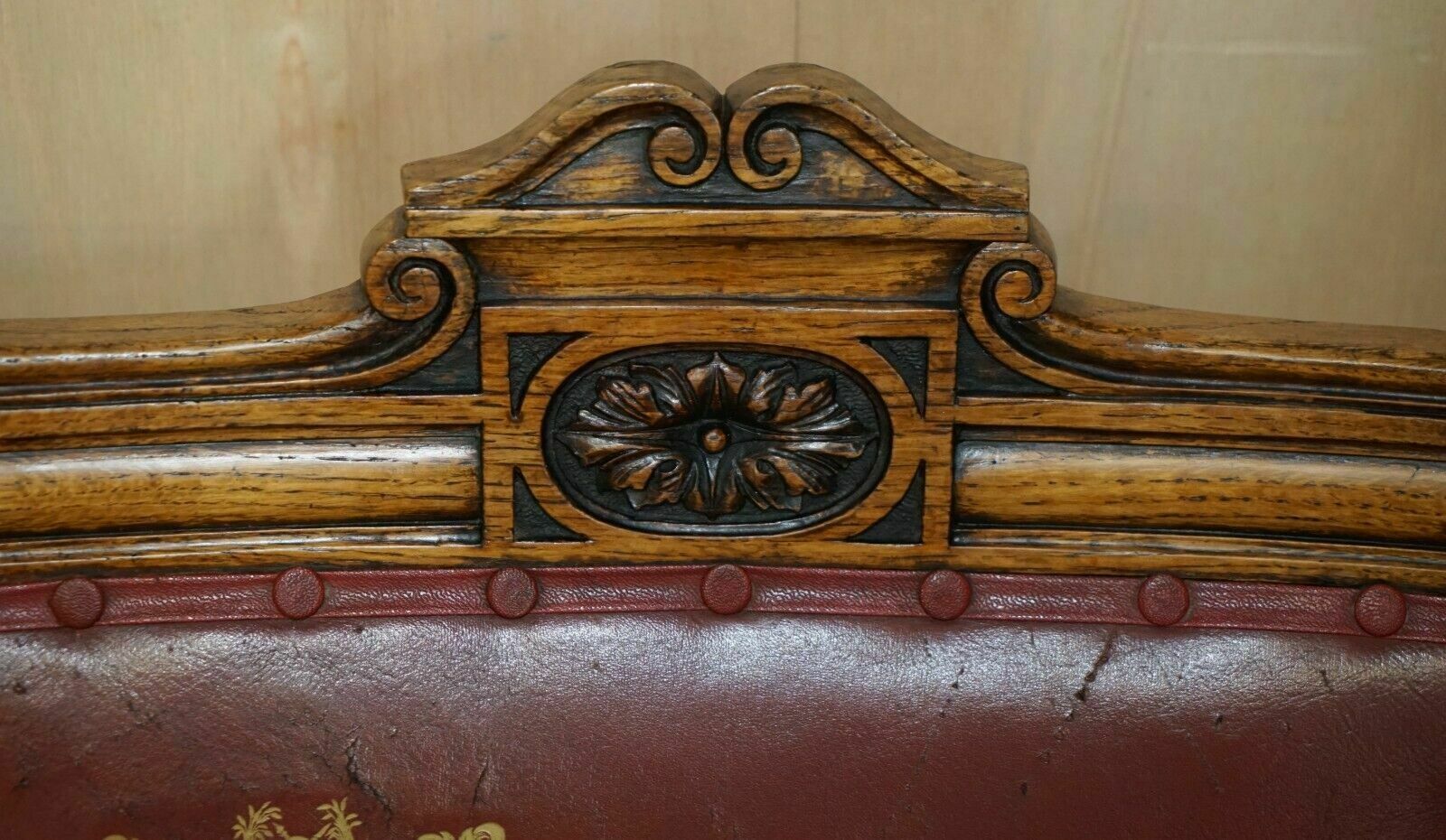 Heavily Carved English Antique Victorian Armchair + Coat Of Arms Armorial Crest photo vinterior