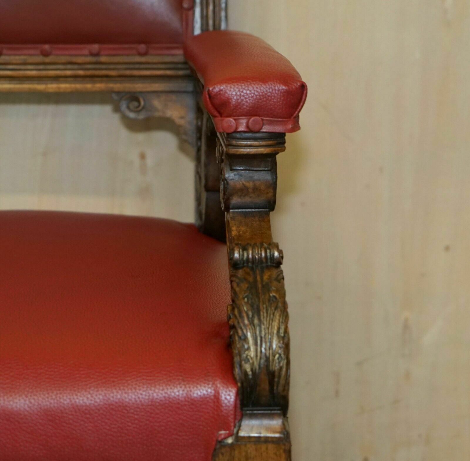 Furniture Heavily Carved English Antique Victorian Armchair + Coat Of Arms Armorial Crest photo