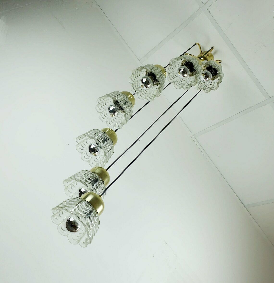 1960s Mid Century Pendant Light Cascading Lamp 7 Flower Shaped Glass Shades And Brass Chandelier photo Lighting