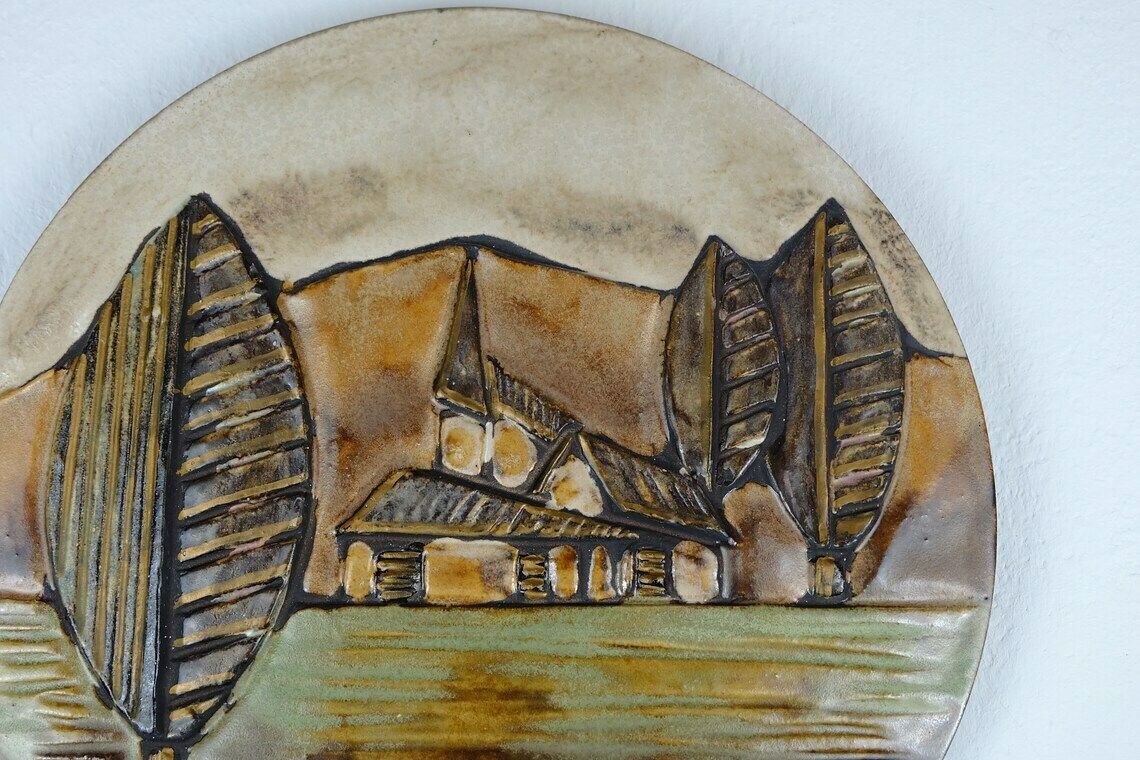 Vintage 11" Ruscha Wall Tile Rural Landscape With House And Trees 1970s photo for sale
