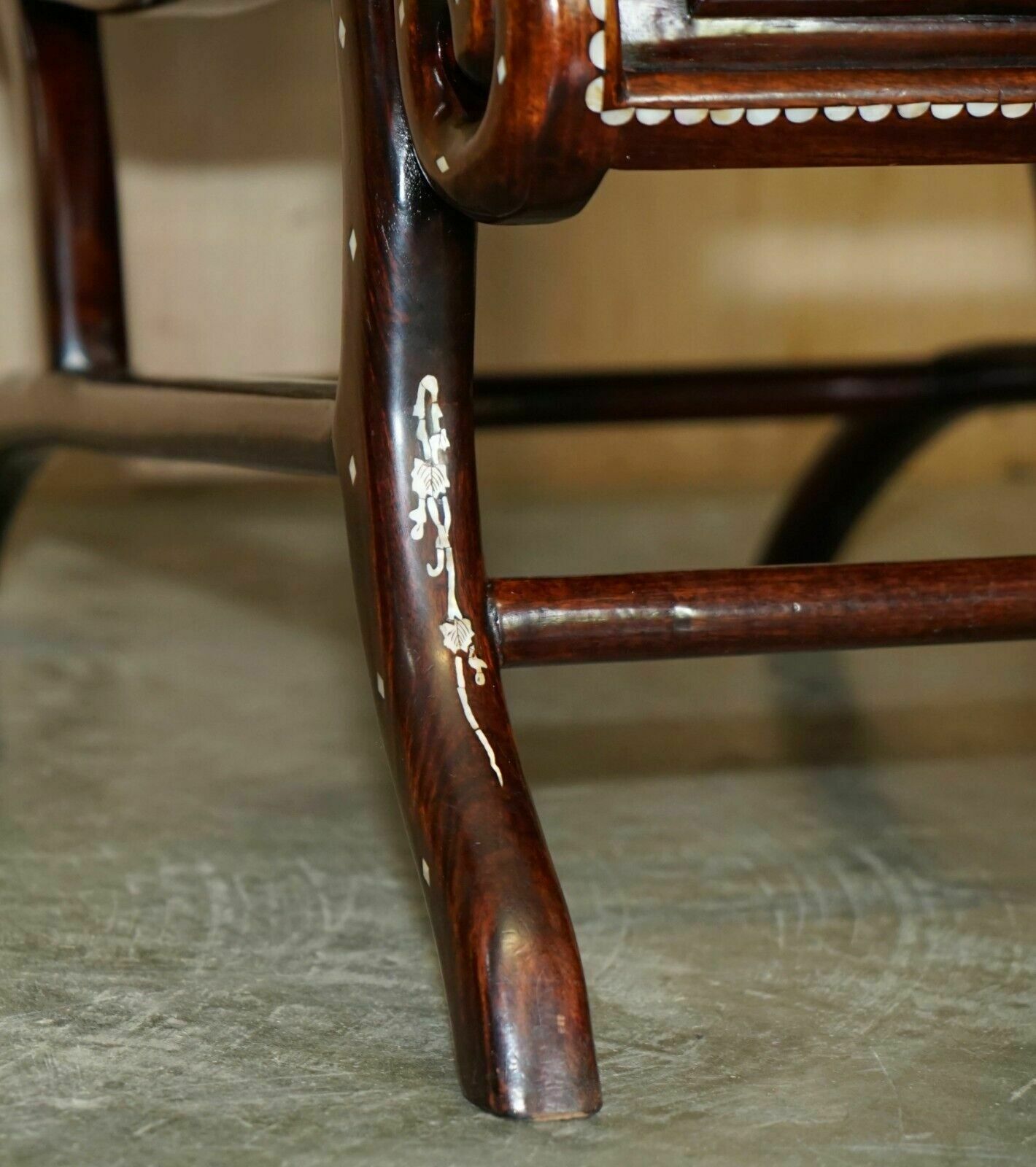 4950.0 Pair Of Antique Padauk & Mother Of Pearl Reclined Plantation Armchairs & Table photo
