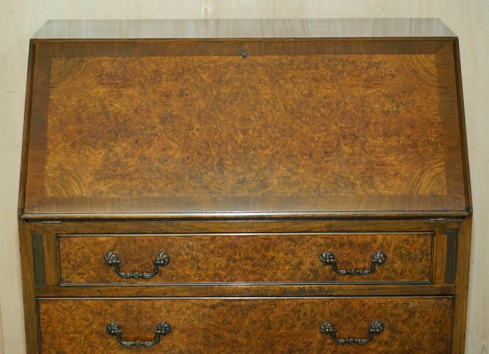 Stunning 1900's Burr & Burl Walnut Drop Front Bureau Desk Lovely Timber Patina photo Furniture