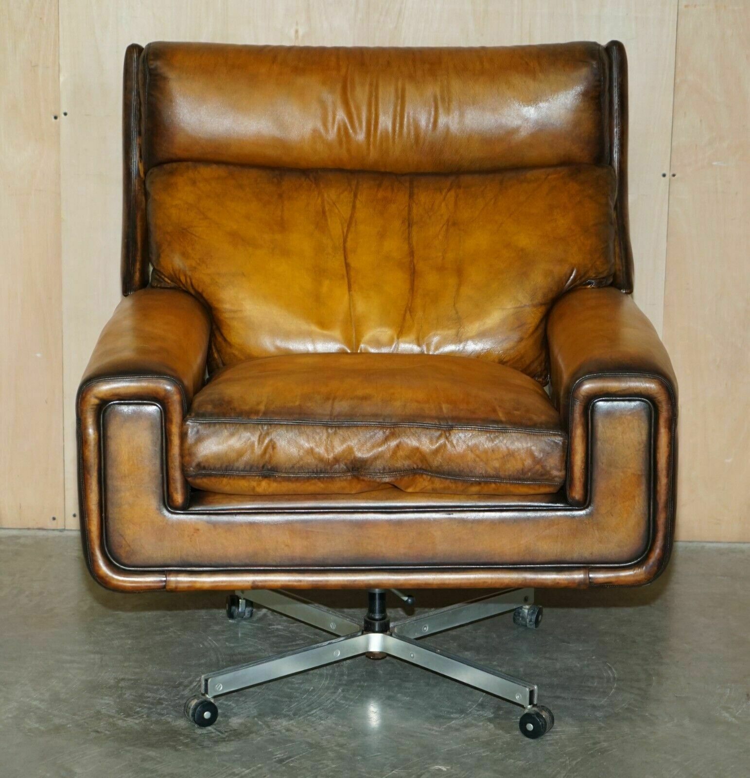 Restored Vintage 1970's Hand Dyed Whisky Brown Leather Swivel Armchair Part Set photo for sale