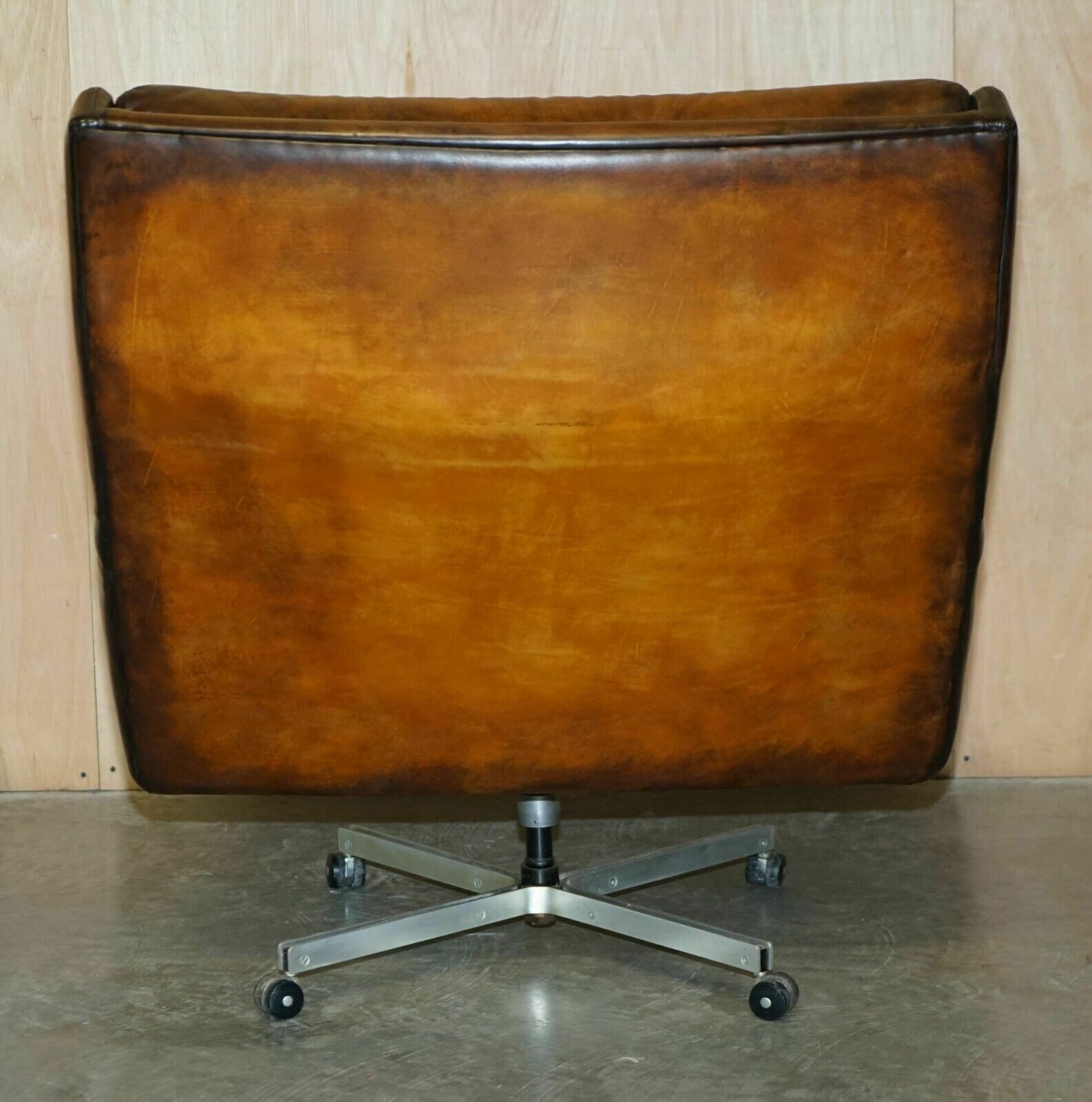 Furniture Restored Vintage 1970's Hand Dyed Whisky Brown Leather Swivel Armchair Part Set photo