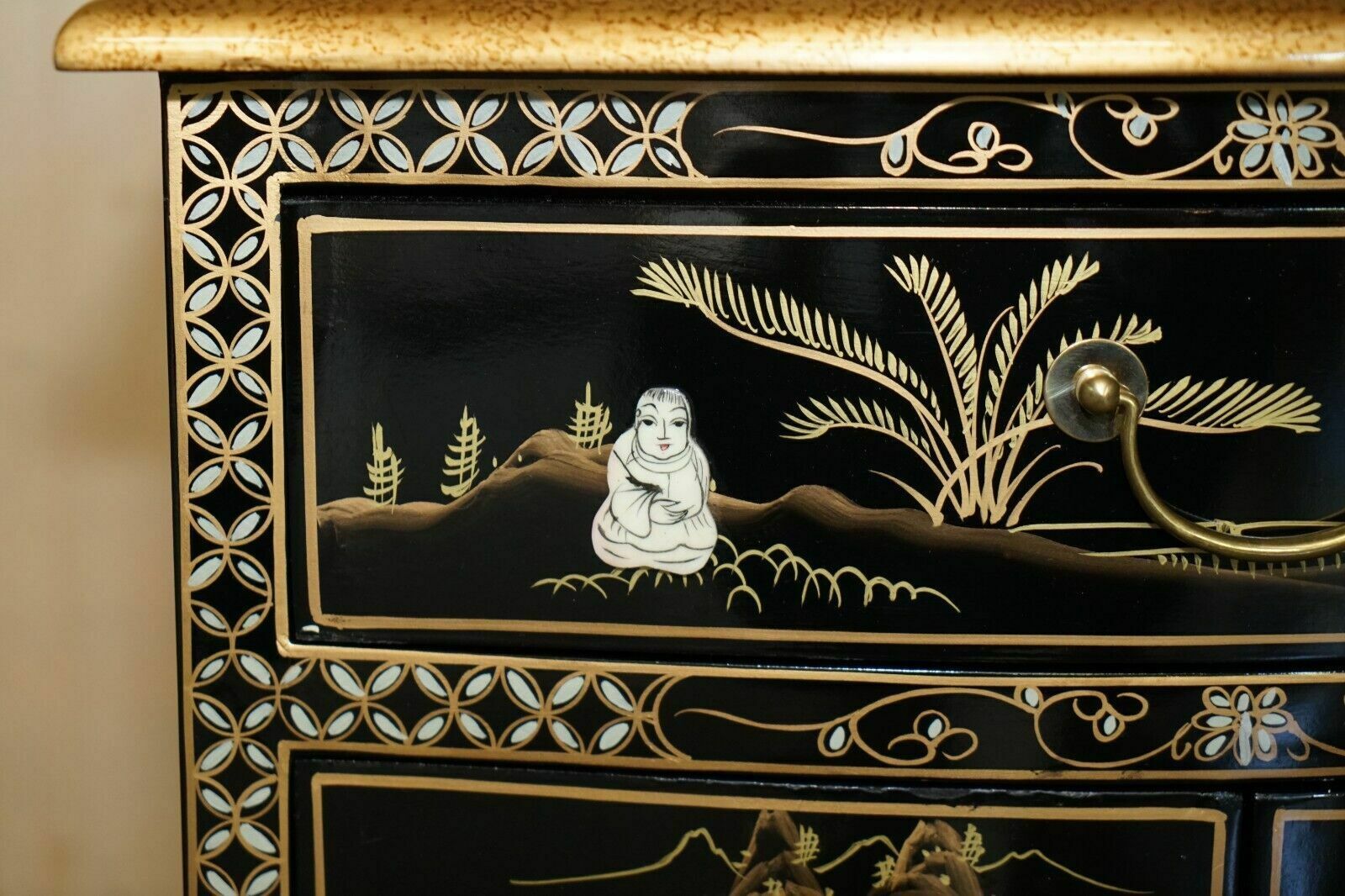 Decorative Chinese Chinoiserie Geisha Girls Lacquer Side Cabinet Soapstone photo vinterior