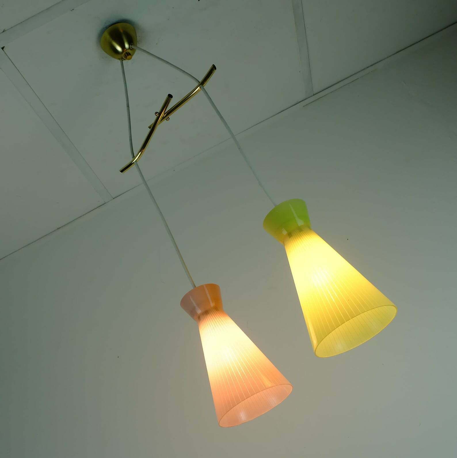 1950s Mid Century 2 Light Mid Century Pendant Light Glass Shades And Brass photo vinterior